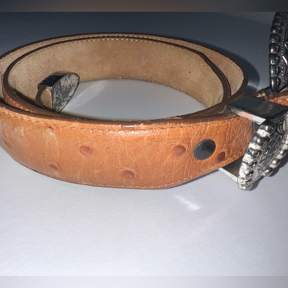 Tony Lama Size 32 5597L 1" Mens Ostrich Print Belt Silver Toned Buckle Western - Picture 3 of 13
